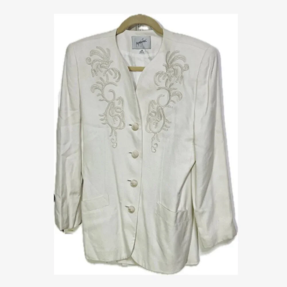 Vintage Jacqueline Ferrar Blazer Skirt Suit Set Size 10P Cream Embroidered
